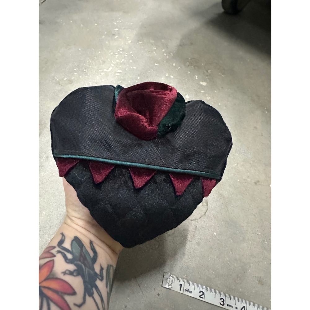 Black Velvet Quilted Heart Pouch with Burgundy Rose Accent A3877